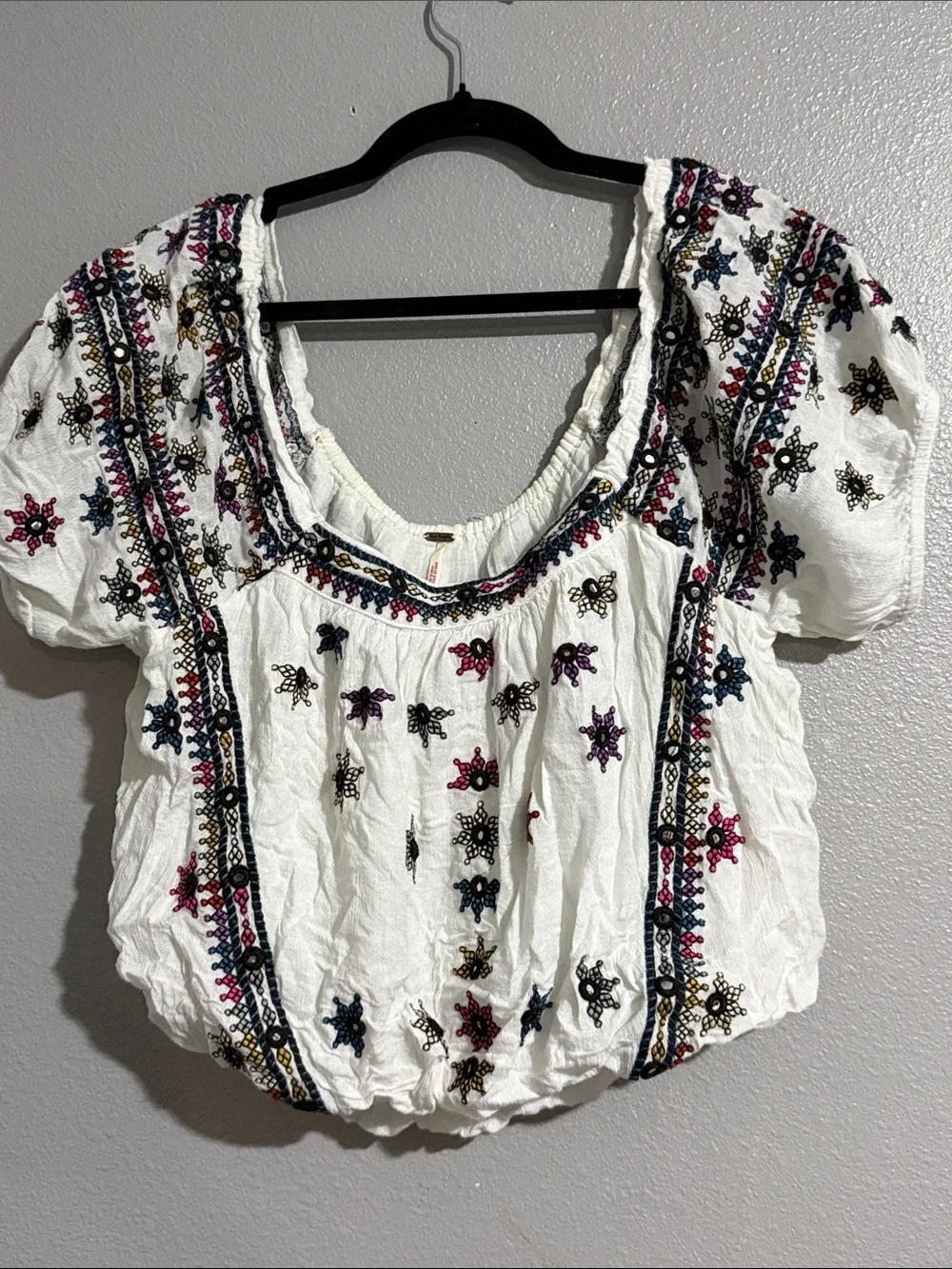 Free People White Embroidered Boho Scoop Neck Top